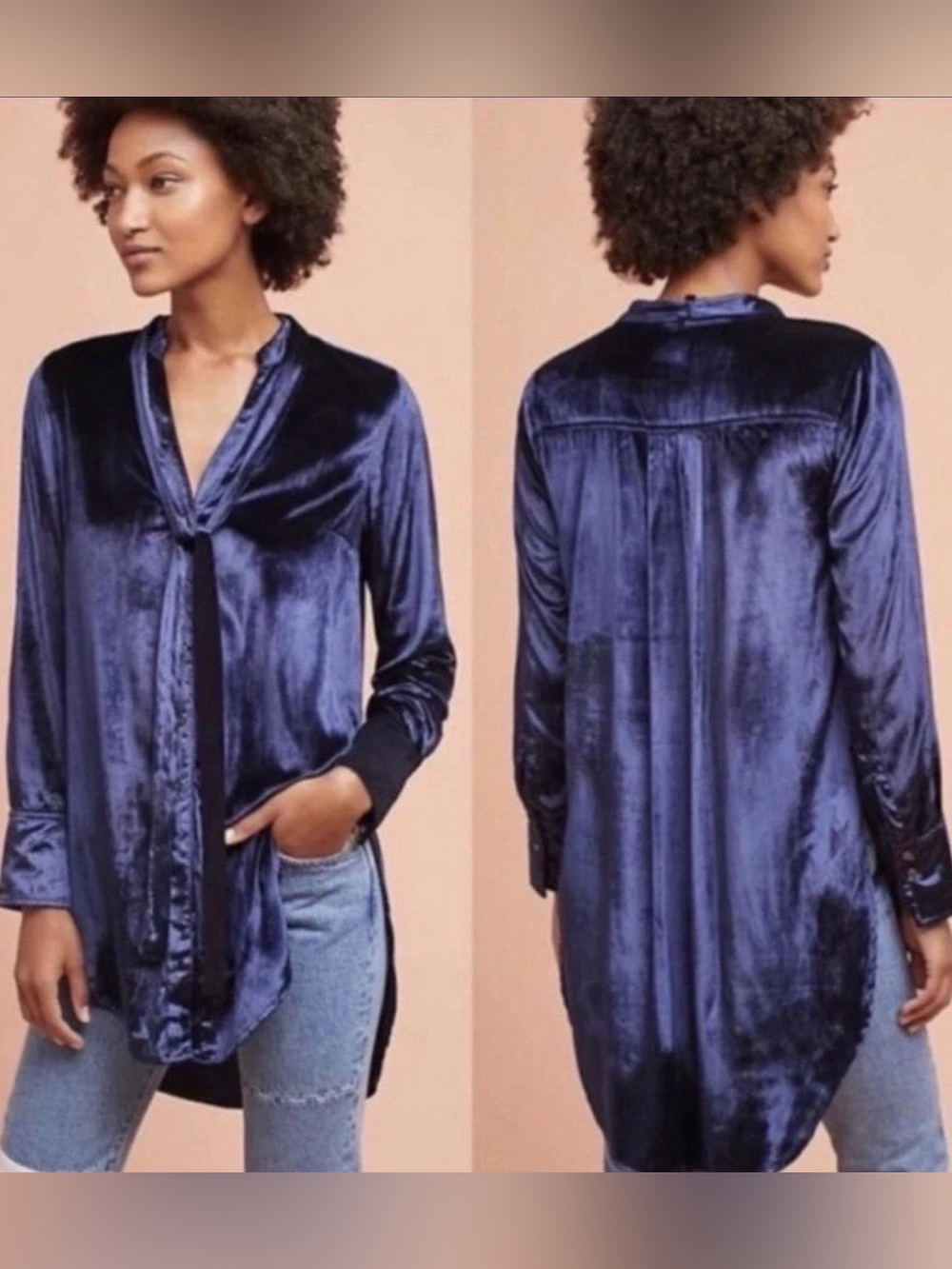 Maeve Navy Blue Velvet Button-Front Tunic